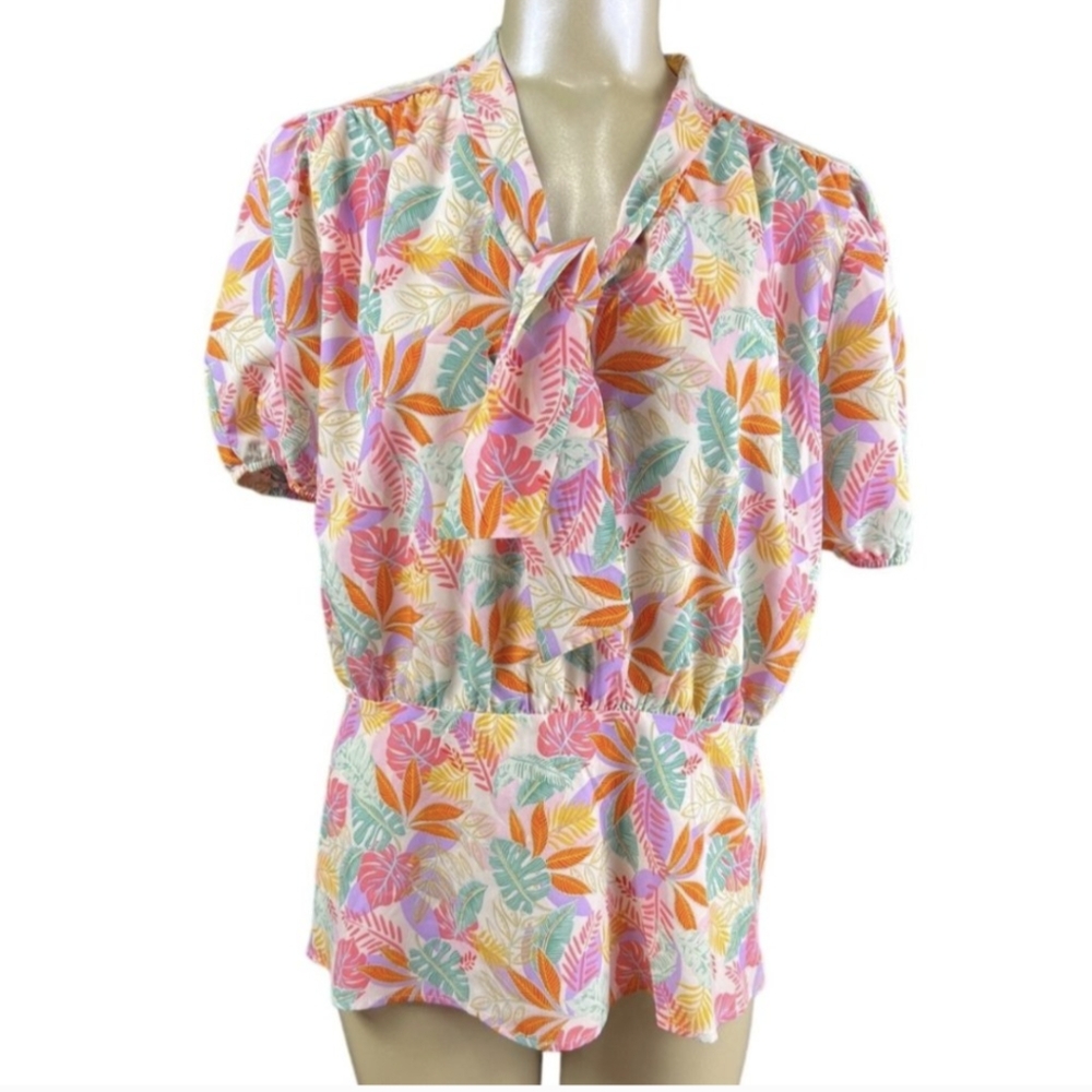 Alice blue xl tropical floral tie v neck flutter puff sleeve tunic vacation